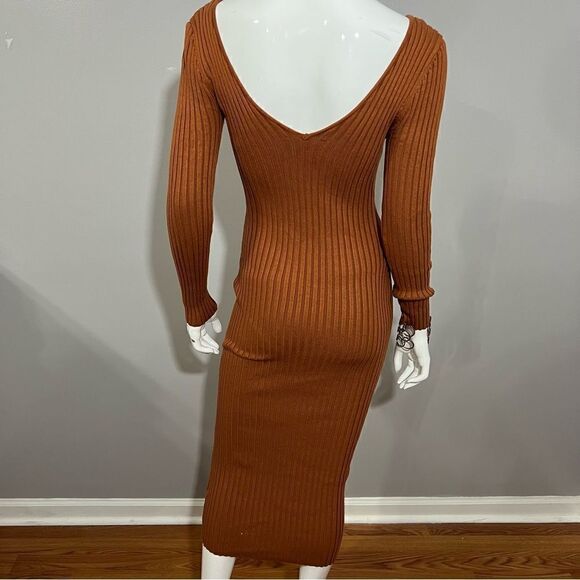 Hera Collection Off The Shoulder Ribbed Rust Midi Bodycon Dress - M - Picture 8 of 12